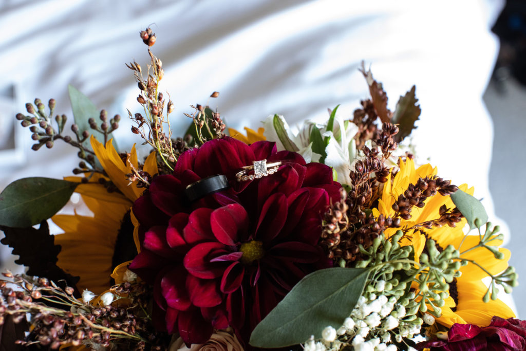 wedding rings on boquet
