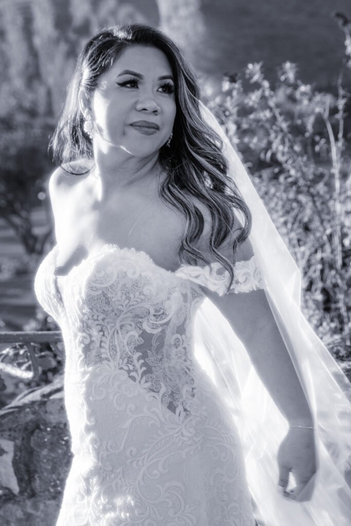 black and white of bride